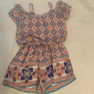 Girls' Printed Cold-Shoulder Romper - White with Blue, Green & Orange
